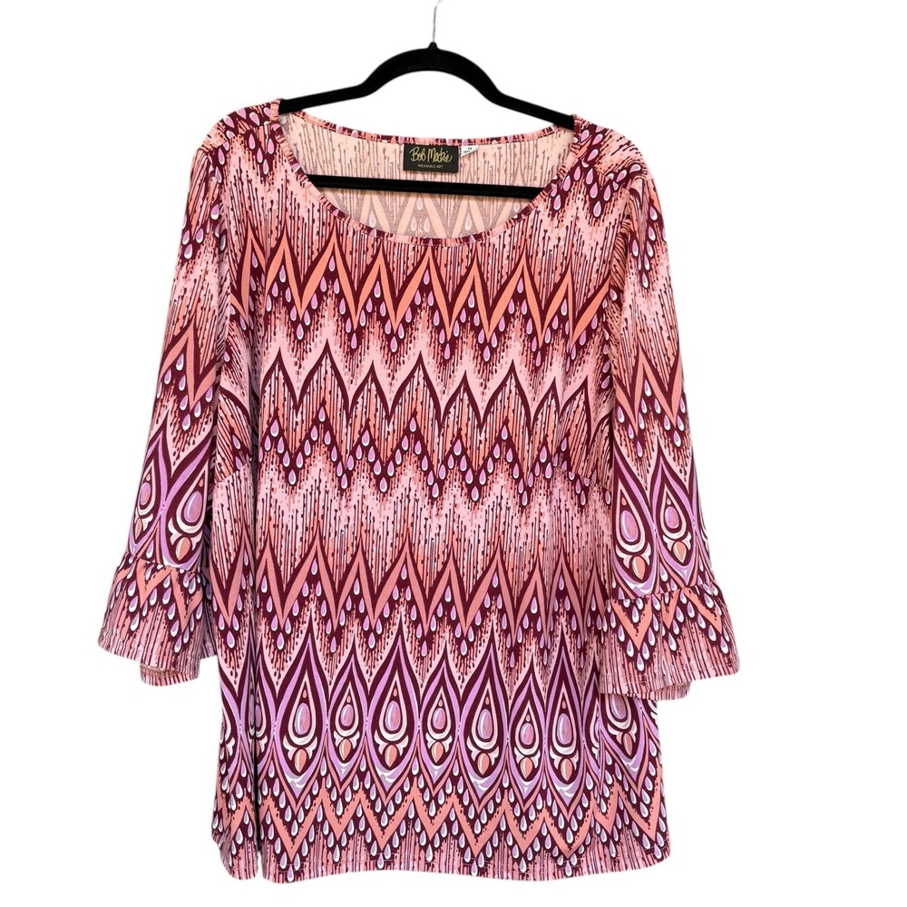 Bob Mackie Blouse Womens 1X Pink Geometric Bell Sleeve Tunic Top Boho Print